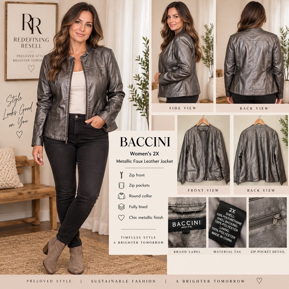 Baccini Womens 2X Metallic Faux Leather Jacket Pewter Grey Zip Front Moto Coat